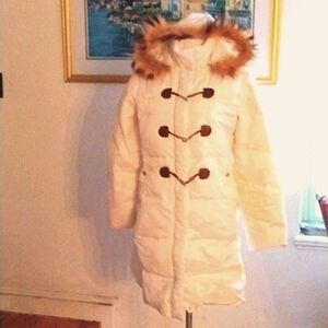 Giorgio Armani Cream Coat with Faux Fur Trim
